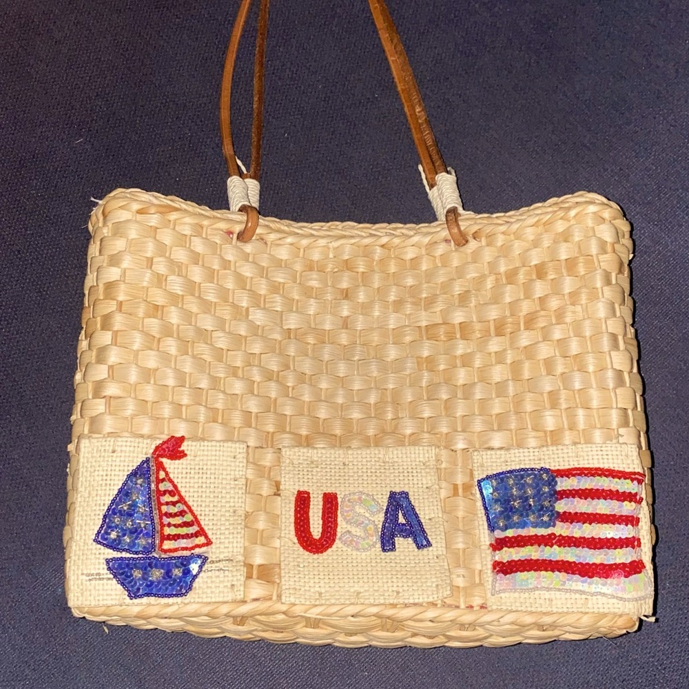 Patriotic USA purse/tote bag straw with designs American Flag